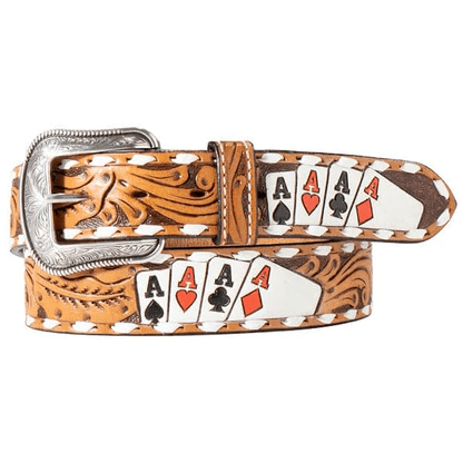 3D Mens Belt 1 1/2" Hand Painted Ace Cards Natural