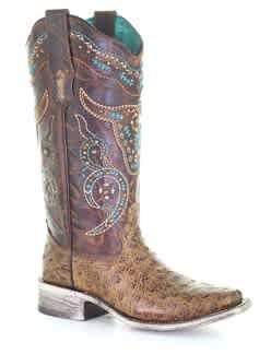 Corral- Lds Honey/Multicolor Ostrich Embroidered & Studs Sq Toe (A4045)***
