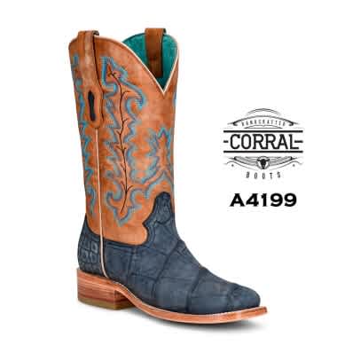Corral- LD Blue/Sand Alligator Embroidery Wide SQ Toe (A4199)