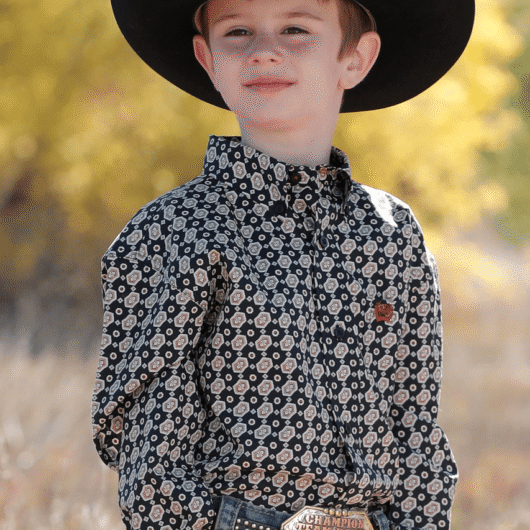 Cinch Boy's Black Geometric Print Button Down Shirt (MTW7060321)