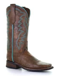 Circle G- Lds Peanut/Teal Embroidery Wide Sq. Toe Boot (L5722)