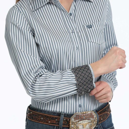 Cinch- Womens Striped Teal L/S Button Up