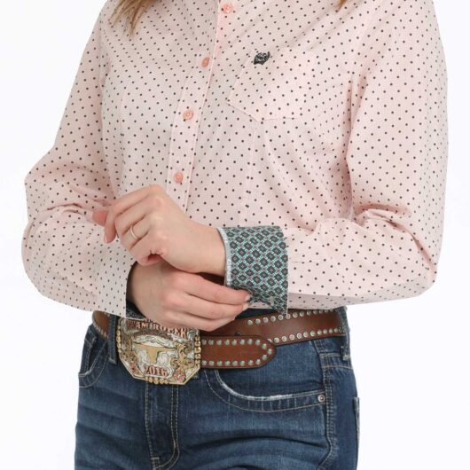 Cinch-Womens Pink Polka Dot Button Up Shirt