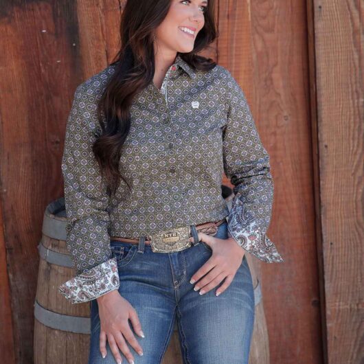Cinch-Womens LS Button Up Olive (MSW9165046)**