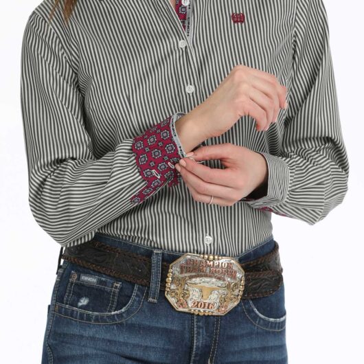 Cinch-Womens Black Stripped L/S Button Up