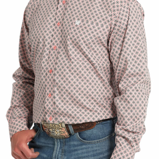 Cinch-Mens Long Sleeve Button Up Pink Print