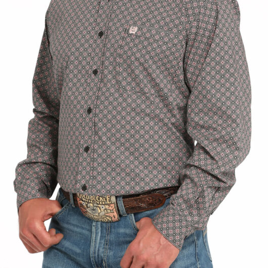 Cinch-Mens Long Sleeve Button Up Gray Print