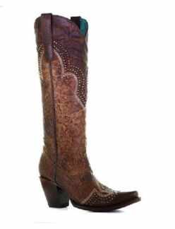 Corral - Lds Brown Embroidery, Stud, Zipper Boots Tall (A4097)*